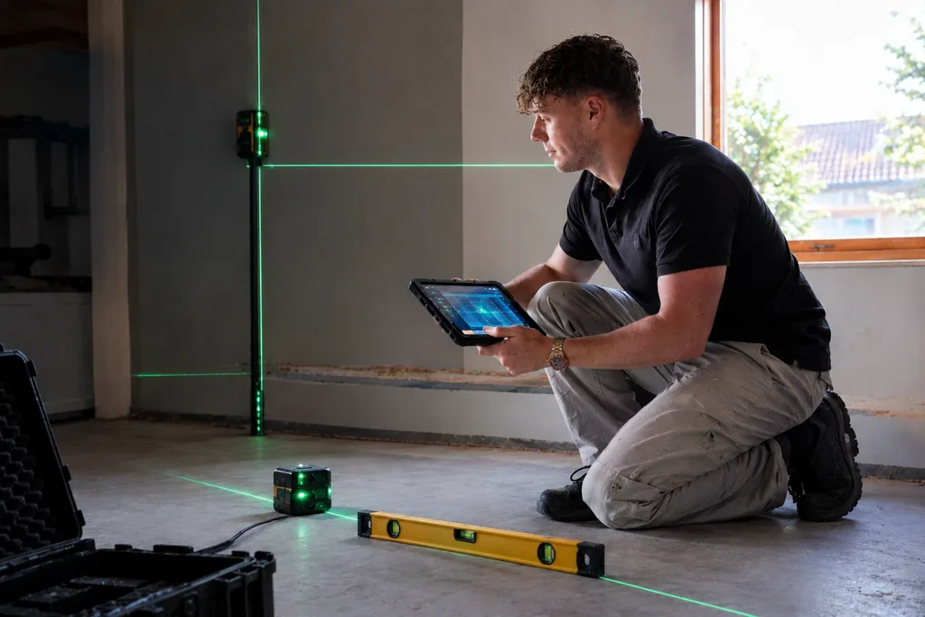 Persoon met een tablet en lasermeetapparatuur bij een meting op de vloer van een woning